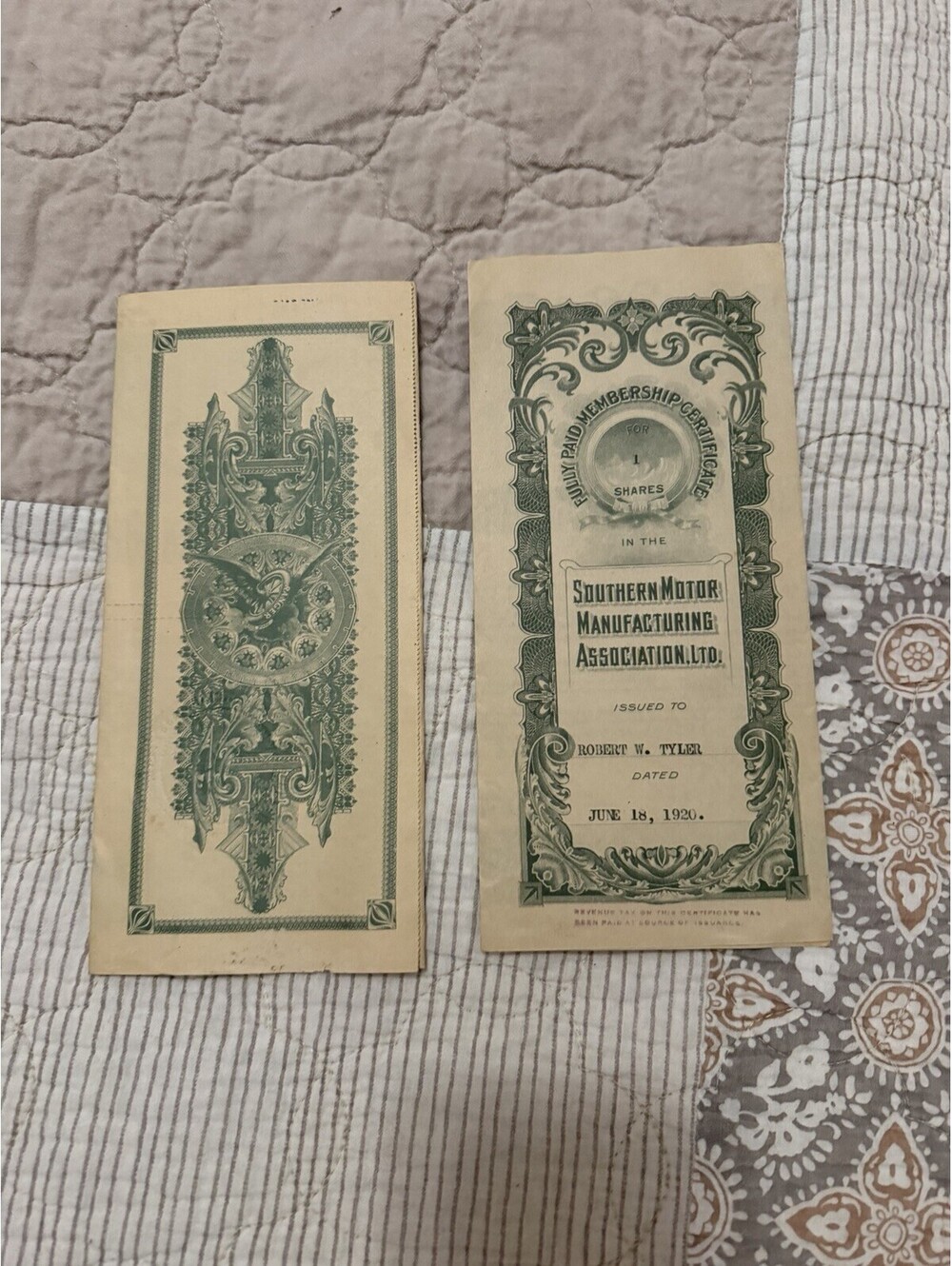 Southern Motor Manufacturing Assoc 1920 Membership/Share Certificate With Letter